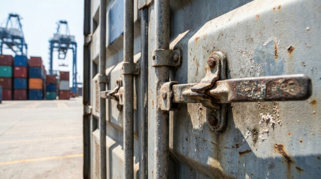 Rusty cargo container lock in port terminal with crane and stacked container in background