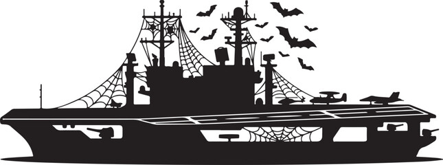 Black and white vintage warship sailing with flock of birds. Classic naval battleship illustration in silhouette style for retro design projects. © MH Creation House
