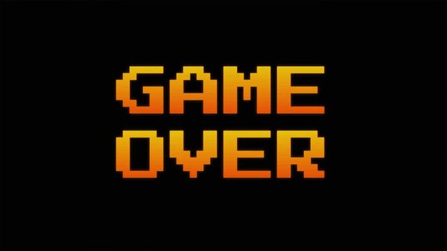Pixelated Orange Game Over Text Flashing with Retro VHS Scanline Distortion and CRT Screen Interference for Arcade Gaming Transitions 4k video
