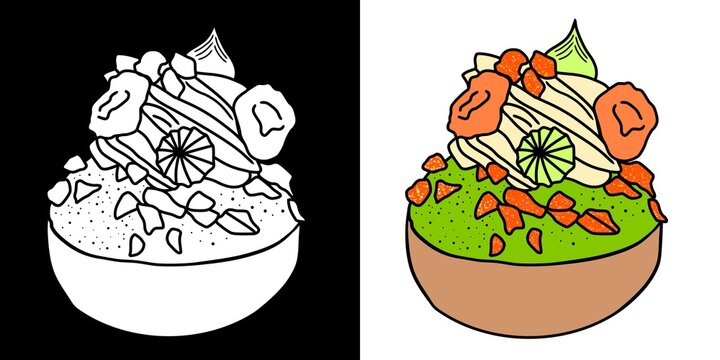Outline and colored illustration of a garnished dessert. 