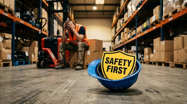 Stressed warehouse worker sitting on floor with safety first sign in blue hard hat helmet in large storage facility with cardboard boxes on metal shelves and forklift in background