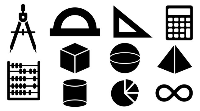 Mathematics Tools and Symbols Including Compass, Protractor, Triangle, Calculator, Abacus, Cube, Cylinder, Sph