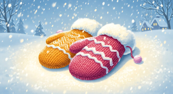 Two mittens resting in a snowy landscape with trees and a house in the background during snowfall