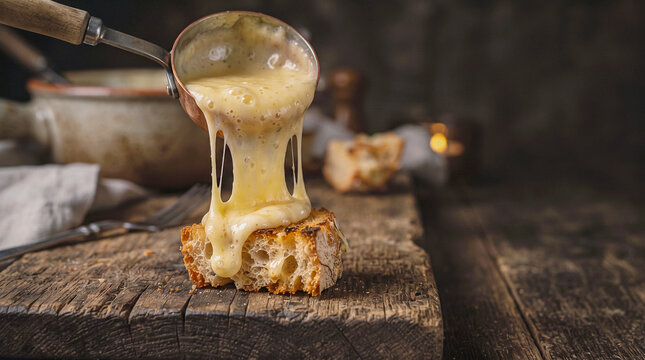 Pouring melted cheese fondue over crusty toasted bread on a dark rough wooden board with moody low-key lighting and copy space for text
