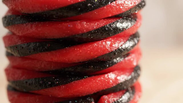 Vibrant stack of red and black striped candy with a sparkling, textured surface.