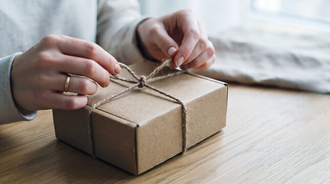 Close-up of hands tying rustic jute string around a brown cardboard gift box on a wooden table with soft natural light and copy space