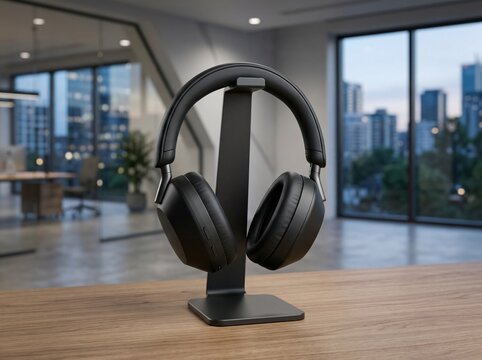 Black over ear headphones on a modern stand desk.