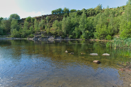 A tranquil landscape scene features a clear lake bordered by green trees and hills. The calm water reflects the sky, with rocks visible near the shore - Church Wood and Old Quarry, Bury, UK