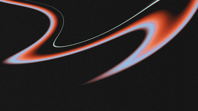 Textured abstract artwork featuring wavy, fluid curved forms with an orange and pale blue glowing gradient, grainy noise texture, thin mint line overlay.