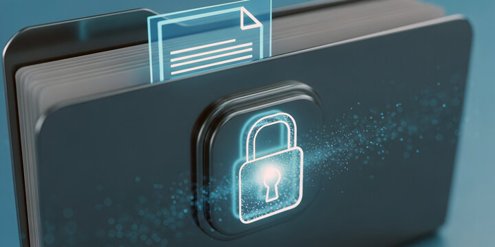 Digital security padlock icon with document file