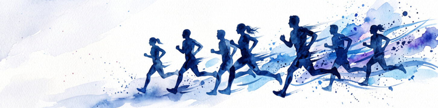 Artistic blue watercolor silhouettes of diverse runners competing in a marathon banner for sports and fitness