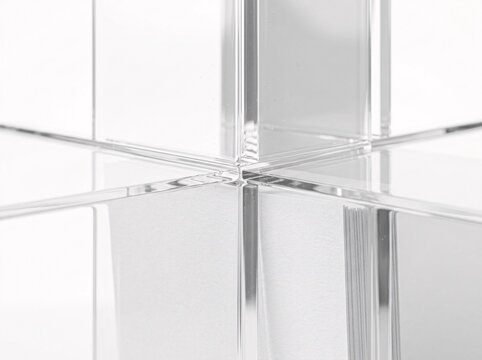 Clear acrylic cube geometric structure with intersecting planes.