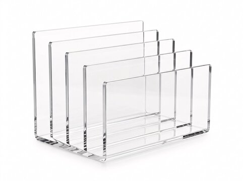 Clear acrylic desk organizer for mail and files.