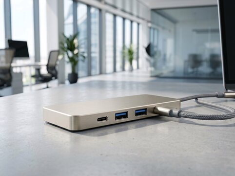 Close up of USB hub on concrete desk with laptop.