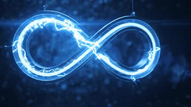 Glowing blue neon infinity symbol against a dark, bokeh-filled background, representing endless possibilities.