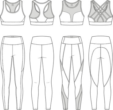 Technical flat sketches of diverse yoga leggings and sports bras activewear
