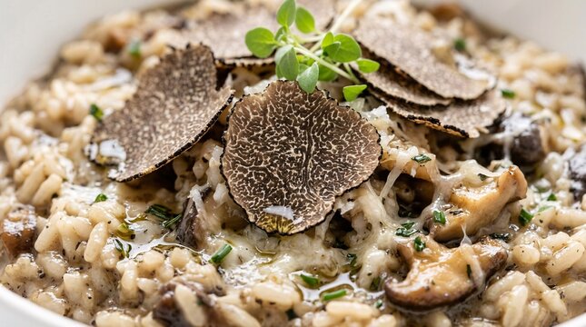 Gourmet truffle risotto with mushrooms and fresh herbs.