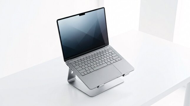 Silver laptop stand on white table modern workspace.