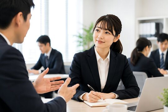 1対1で説明を聞きながらメモを取るビジネスウーマン