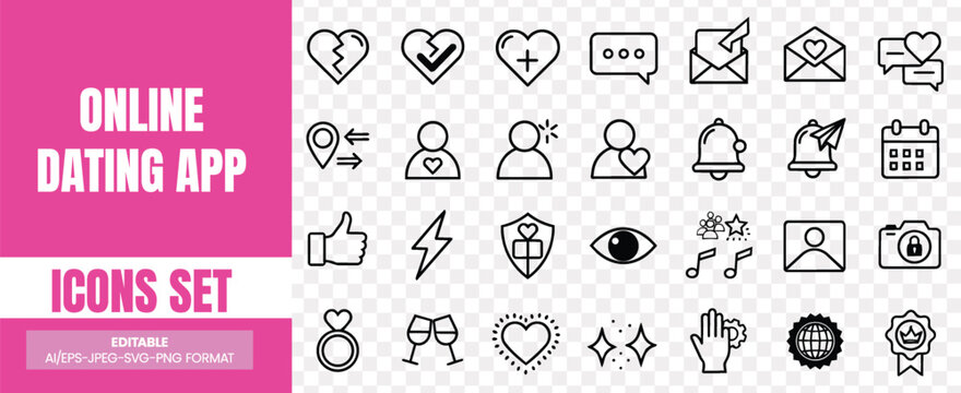 set of Online dating app icons collection with social connection symbols chat bubbles heart notifications profile badges and heart shaped lock security signs for user interface and mobile technology