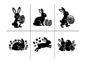 Black silhouette Easter bunny and egg illustrations set with cute rabbits in various poses.