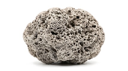 Naklejka premium A natural porous pumice stone isolated on a clean white background demonstrating volcanic geological texture and mineral composition