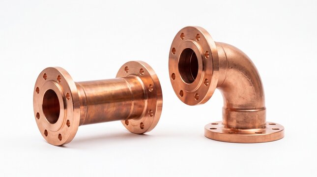 Two industrial copper pipe components showcasing detailed flange connections and metallic textures sitting on white background