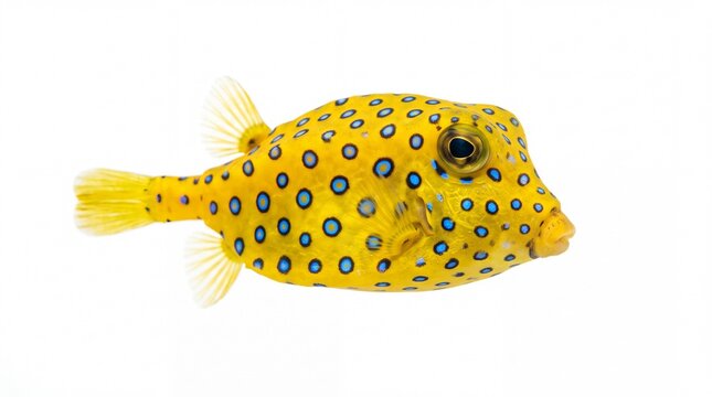 Vibrant yellow boxfish featuring bright blue polka dots swimming peacefully in isolation on white background