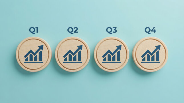 Quarterly business growth concept with wooden coins, Q1 Q2 Q3 Q4 financial performance icons, rising bar chart symbols on blue background