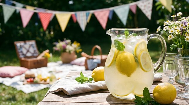Refreshing Lemonade Pitcher Set on a Wooden Table During a Sunny Garden Picnic