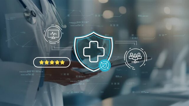 Doctor reviewing health insurance coverage strategy with medical protection framework, patient security programs and healthcare risk management