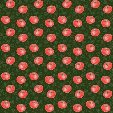 seamless pattern with red tomatoes and dill on green for textile print, wrapping paper, kitchen print 