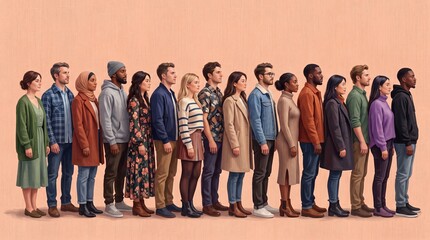 Fototapeta premium Diverse group of people standing in a line representing unity equality and inclusivity in a colorful setting with diverse individuals different against warm background assortment