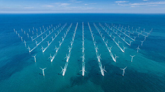 Aerial drone view of a massive offshore wind farm with turbines arranged in a perfect geometric grid in the turquoise ocean