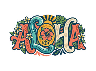 Aloha Typography with Tropical Flowers and Leaves © yudi