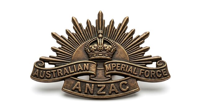 A detailed metal australian imperial force badge featuring the iconic rising sun symbol and crown representing the anzac military history and heritage for remembrance and memorial day