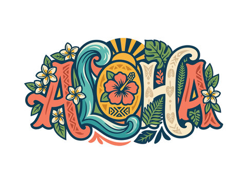Aloha Typography with Tropical Flowers and Leaves