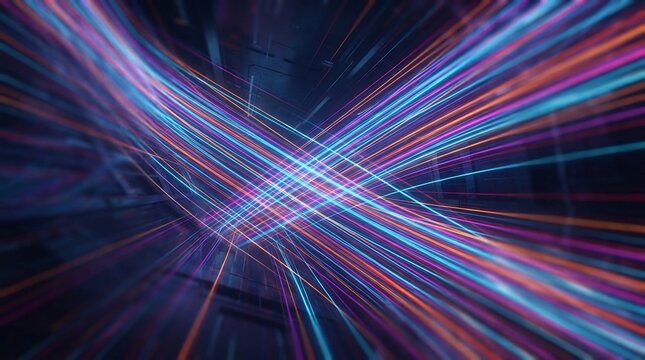 Abstract network of colorful light streaks flowing through digital space