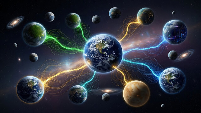 Interconnected network of multiple earth like planets and galaxies linked by glowing cosmic energy strands illustrating global communication data transfer or multiverse theory concepts