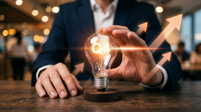 Q4 business growth concept with glowing light bulb, businessman holding lightbulb with fourth quarter text, financial success and rising arrows