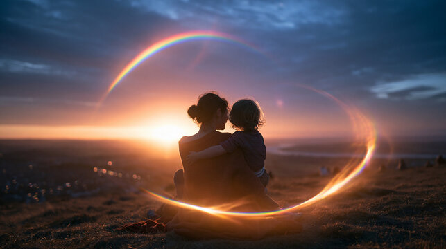 Parent and Child Embraced in Golden Light Circle