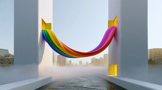 Rainbow Bridge Connecting Two Modernist Towers Over Water