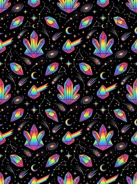 Vibrant crystal gems and celestial space seamless pattern