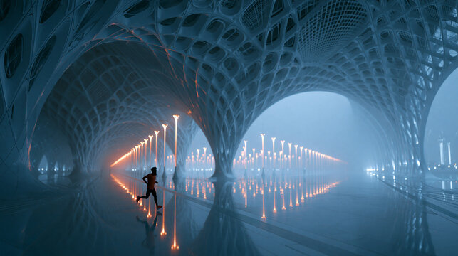 Figure Walking Through Futuristic Illuminated Corridor Architecture