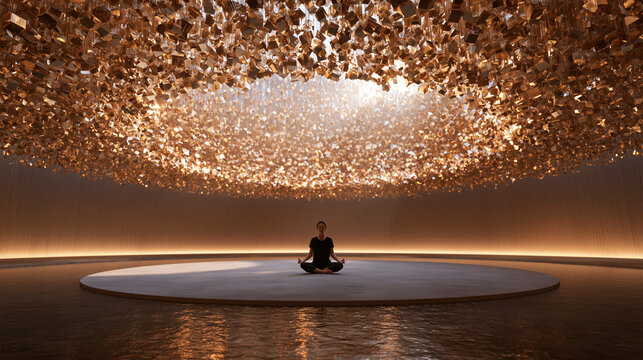 Meditating Figure Beneath Glowing Golden Ceiling
