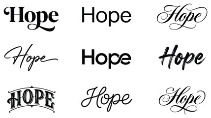 Variety of Hope typography styles in black and white vector illustration for positive messaging and design © Jamil