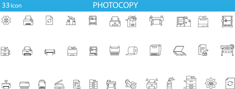Photocopy and printing line icons set, 33 office equipment vector symbols, professional printer and scanner hardware icons for business documentation ,Clean grouped each vector icon.