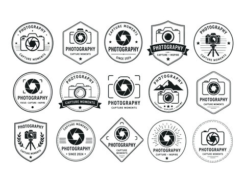 Photography Logo Vintage Badge Collection with Camera Lens Shutter Emblems Minimal Monochrome Vector Icon Set for Branding Identity Design