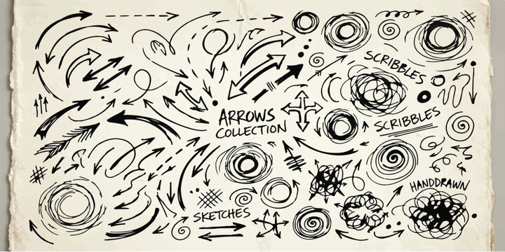 Assorted hand drawn ink arrows and decorative circular scribbles collection with sketches handdrawn elements collection pointers abstract direction artistic