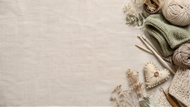 Cozy flat lay of knitting and craft supplies including yarn balls knitting needles and a handmade felt heart on a natural linen background